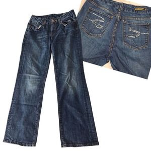 Seven7 Jeans Blue Straight Leg Sequin Pocket size 14 Stretch Fit Distressed Fade